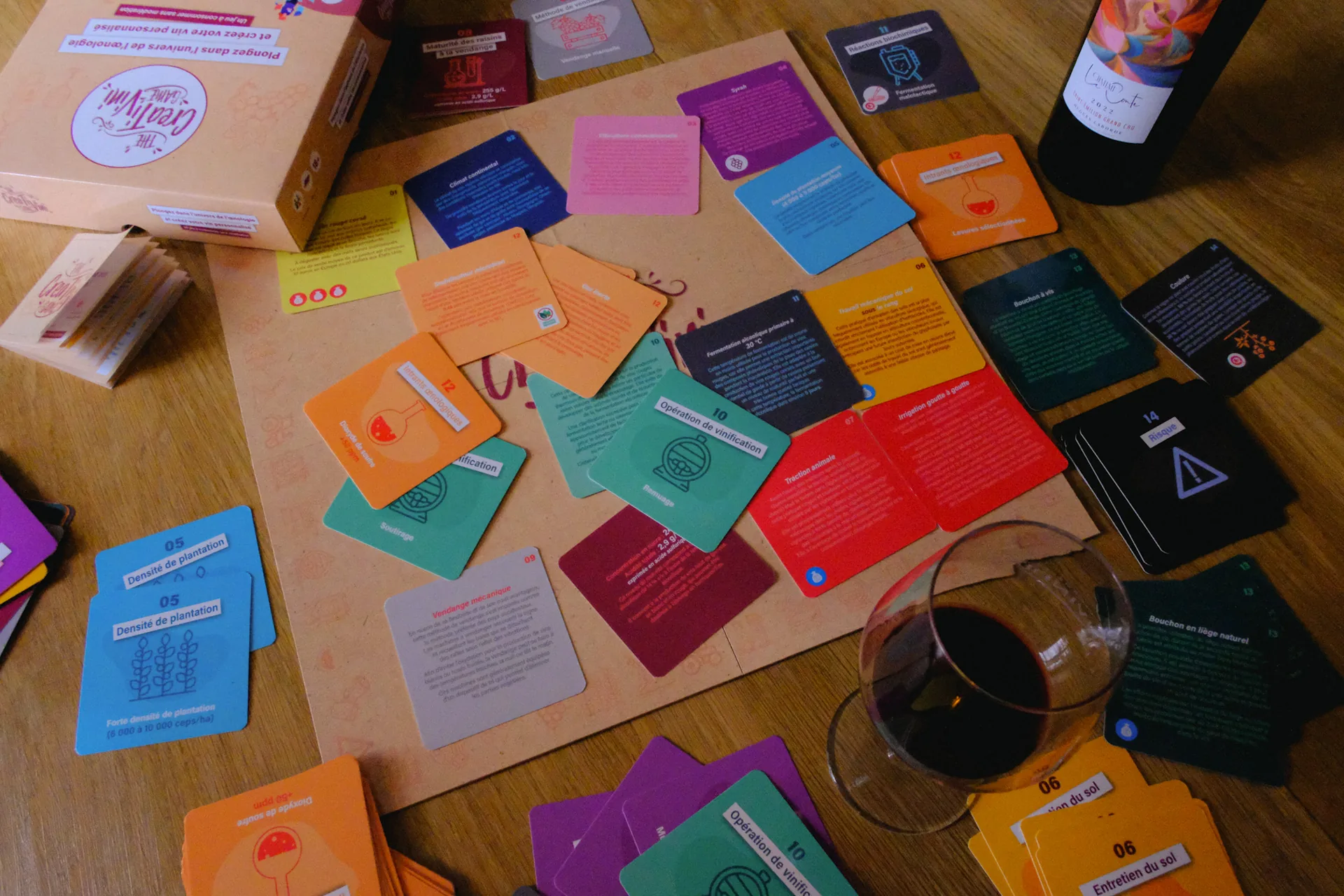 Les cartes Creativini étalées sur une table, autour d'une bouteille de vin rouge