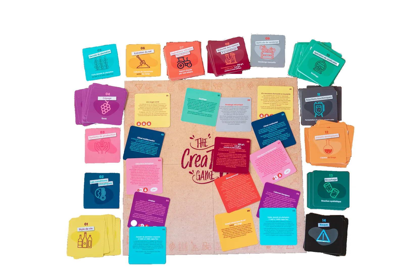 Les cartes du jeu disposées en cercle autour du logo Creativini